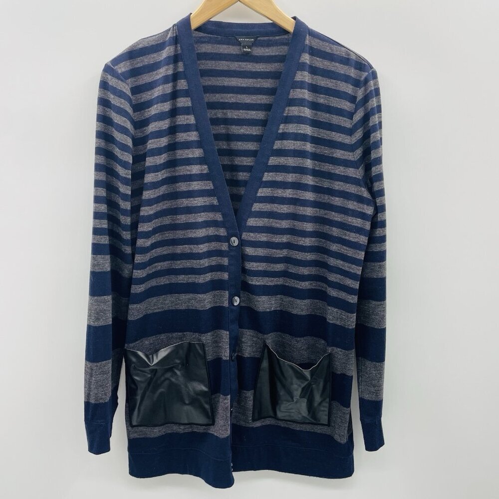 Ann Taylor Womens Large Striped Longline Cardigan Sweater Faux Leather‎ Pockets
